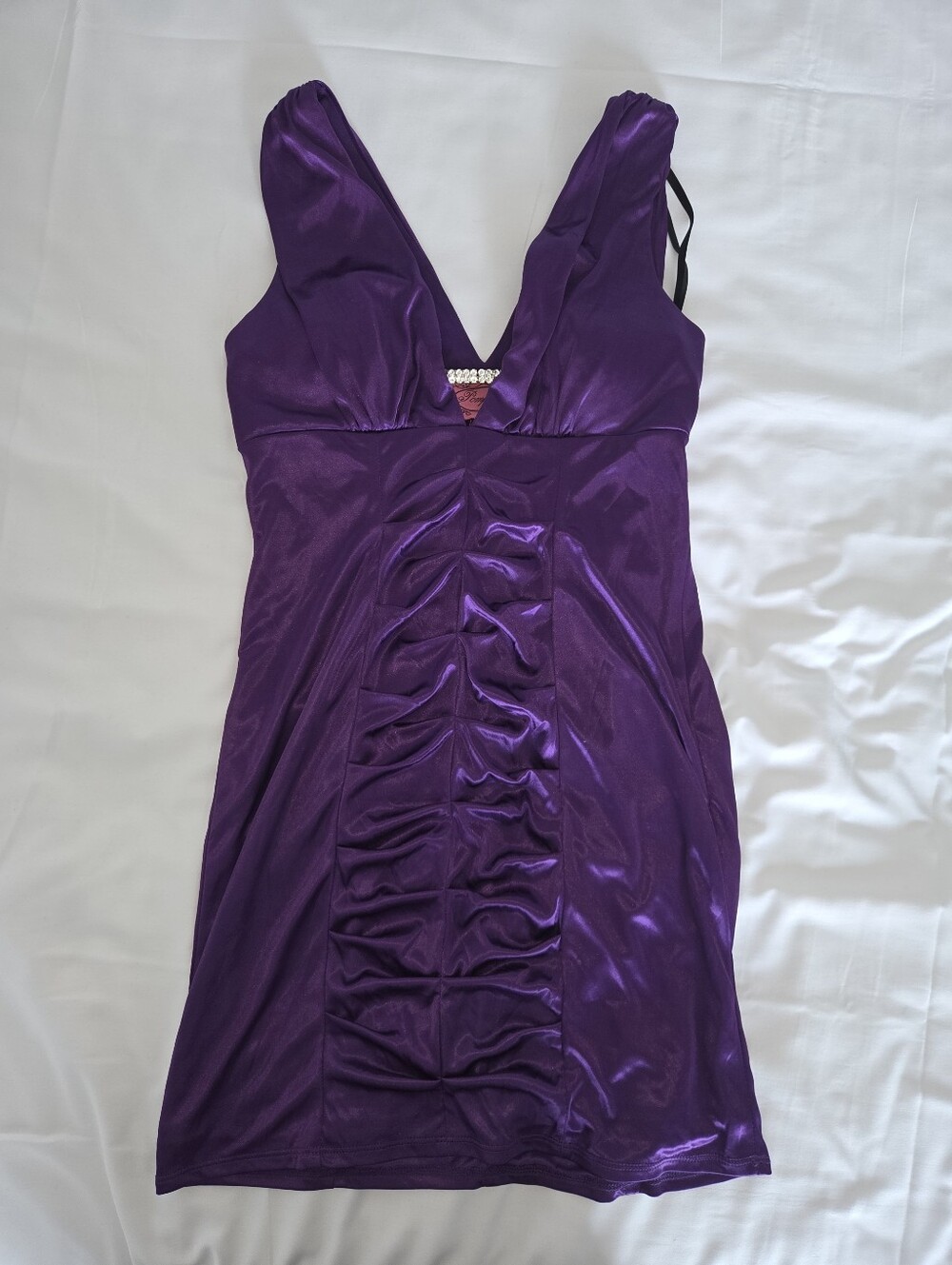 Beautiful Purple Pompous Girly Rusched Satin Dress Large